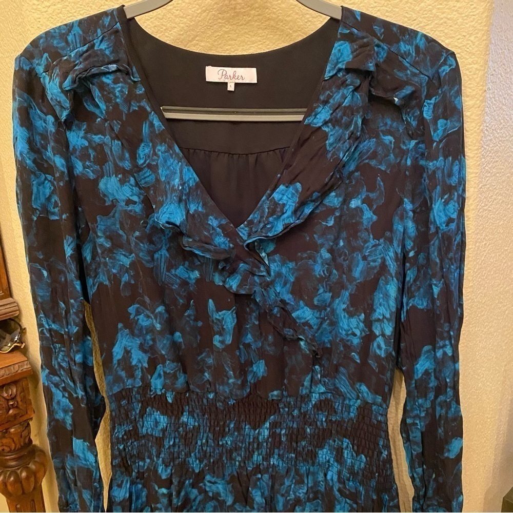 PARKER Women Blue Black Maisy Silk Blend Floral Blouson Dress Size Large - Picture 3 of 10